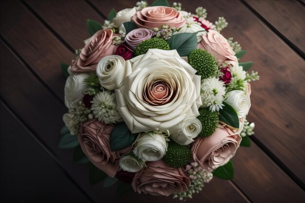 Mooi bruidsboeket van verschillende bloemen op een donkere achtergrond ai generatief