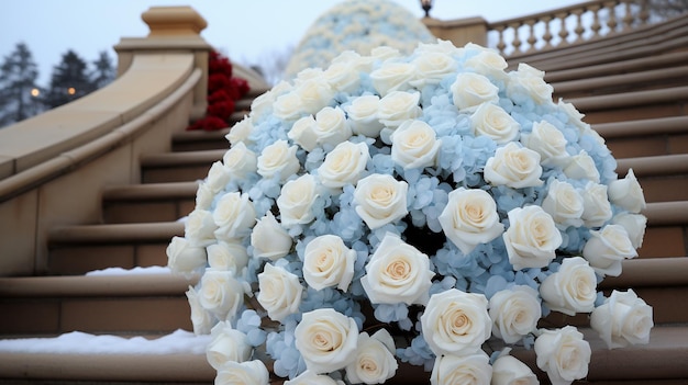 Mooi bruidsboeket van witte rozen op de trap in de winter