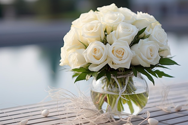 Mooi bruiloftsbloemboeket in een witte vaas tafeldecoratie voor de speciale dag van de bruid