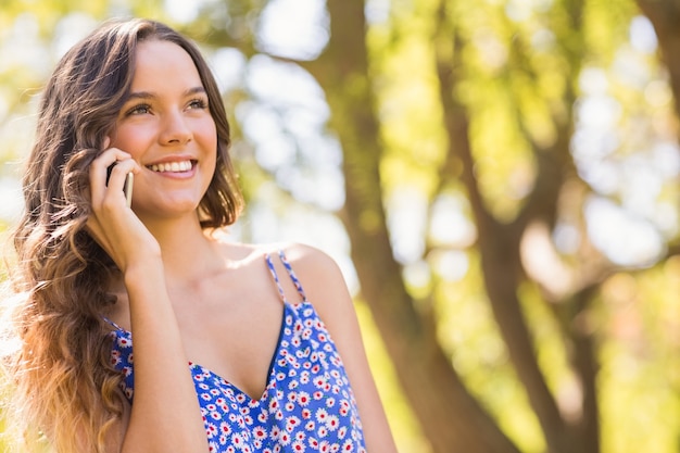 Mooi brunette die telefoongesprek in het park hebben