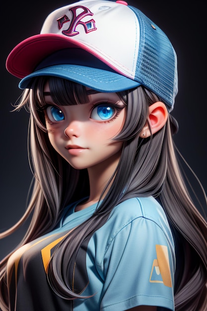 Mooi cartoon meisje met blauwe grote ogen draagt een hoed en korte mouw t-shirt anime personage cool