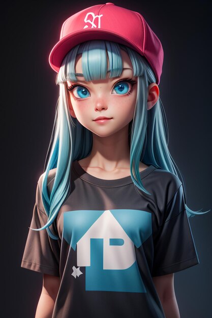 Foto mooi cartoon meisje met blauwe grote ogen draagt een hoed en korte mouw t-shirt anime personage cool