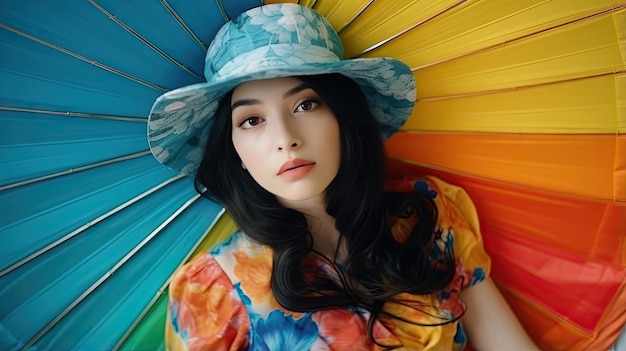 Mooi Chinees meisje met een hoed zit in het midden van kleurrijke paraplu's