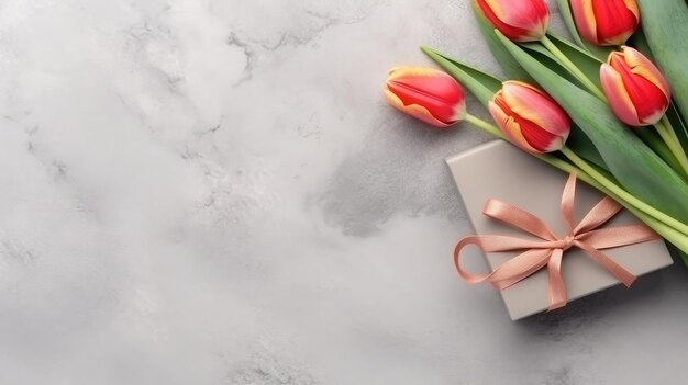 Mooi Een bos tulpen een doosvieringscadeau op een witte marmeren achtergrond