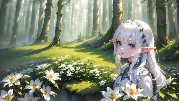 Mooi elf meisje in het bos anime kunst voor behang