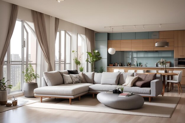 Mooi en groot appartementkamerinterieur met stijlvolle woonkamer