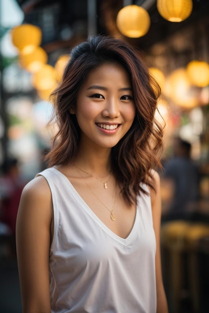 Mooi en lachend gezicht jonge Aziatische vrouw met wit t-shirt