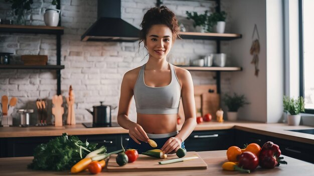 Mooi en sportief meisje in een keuken met groenten