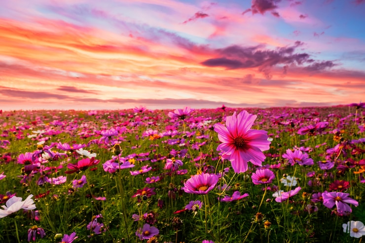 Foto mooi en verbazingwekkend van kosmos bloem veld landschap in zonsondergang. natuur wallpaper achtergrond.