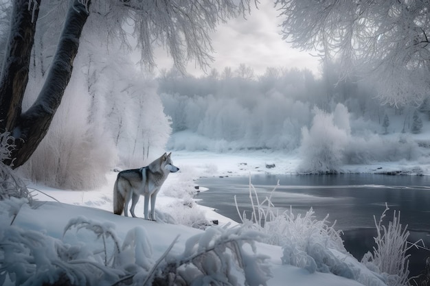 Mooi en vredig besneeuwd tafereel met een wolf in het landschap