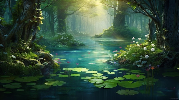 Mooi fantasie landschap met een rivier en bloemen
