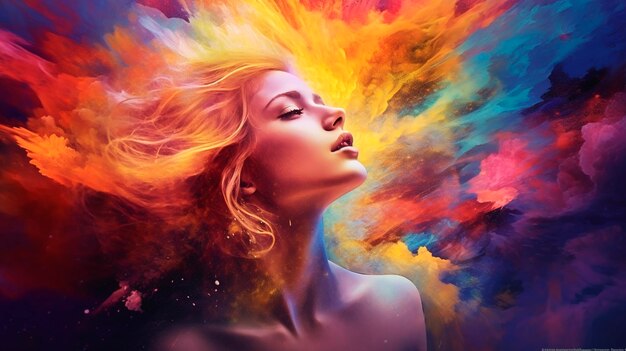 Mooi fantasy abstract portret van een mooie vrouw dubbele belichting met een kleurrijke digitale verf splash of ruimte nevel Generatieve AI