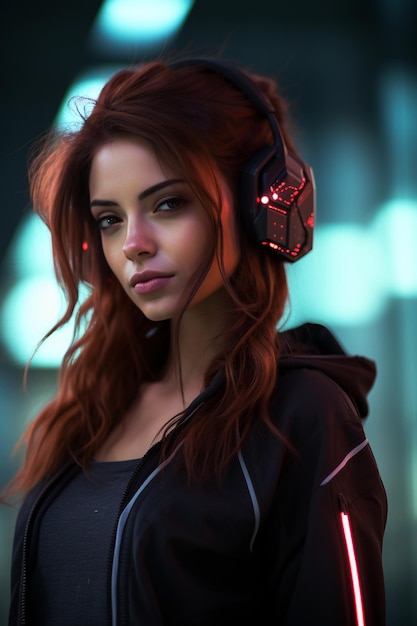 Mooi fantasy cyberpunk meisje met een koptelefoon.