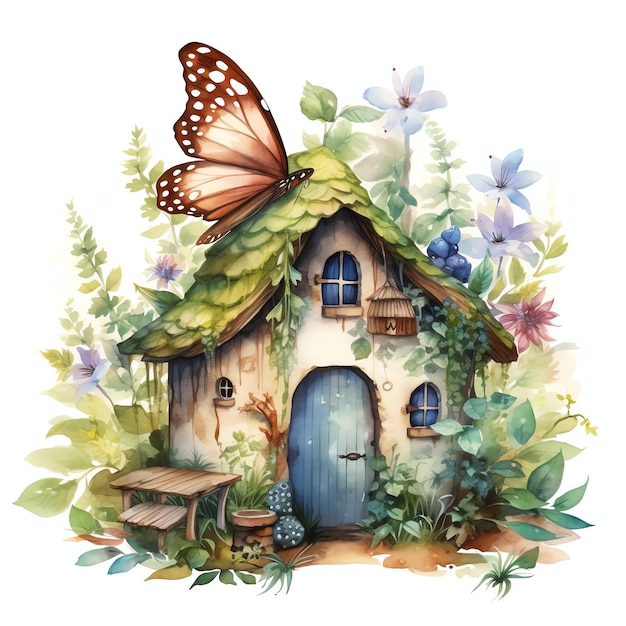 mooi feeën bos huis waterverf fantasie sprookjes clipart illustratie