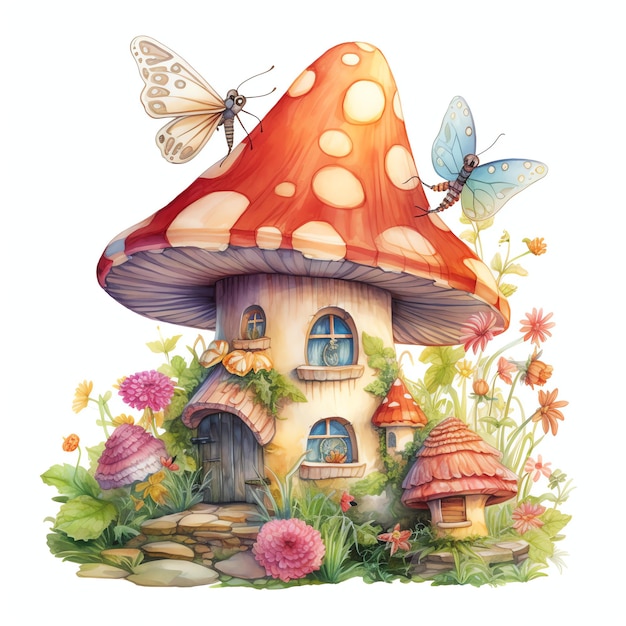 Mooi feeënhuis genesteld tussen reusachtige paddenstoelen waterverf fantasy sprookjes clipart