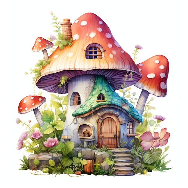 Mooi feeënhuis genesteld tussen reusachtige paddenstoelen waterverf fantasy sprookjes clipart