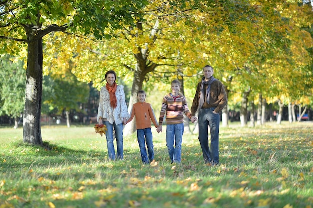 Mooi gezin van vier wandelen in het herfstpark