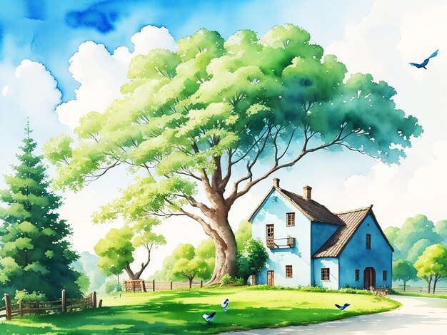 mooi glanzend veelkleurig dorpslandschap met boom en huis charmante vogels HD-waterverfafbeelding
