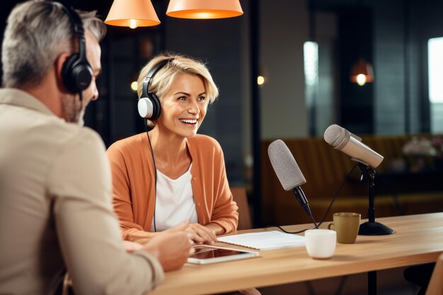 Foto mooi glimlachend bloggerpaar host een podcast in de studio kaukasische vrouw en man met koptelefoon zitten aan een tafel met microfoons en kletsen vrolijk moderne communicatietechnologieën
