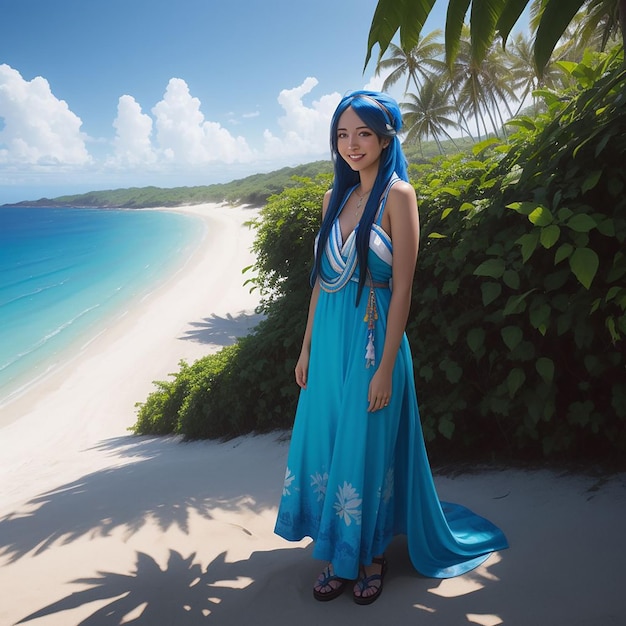 Mooi glimlachend meisje met lang blauw haar, gekleed in een blauwe jurk op de strandachtergrond