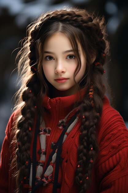 Mooi glimlachend Palestina-meisje met lang haar, twintails, blauwe ogen, rode trui