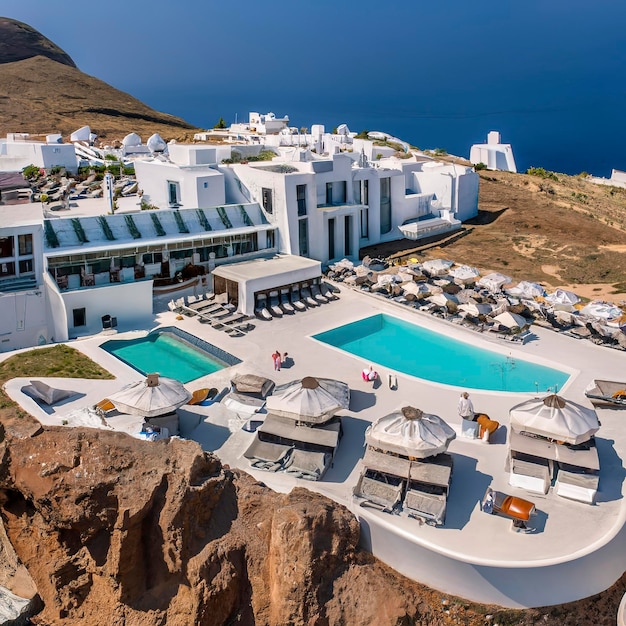 Mooi groot wit hotel met veel zwembaden in Santorini