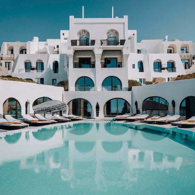 Mooi groot wit hotel met veel zwembaden in Santorini