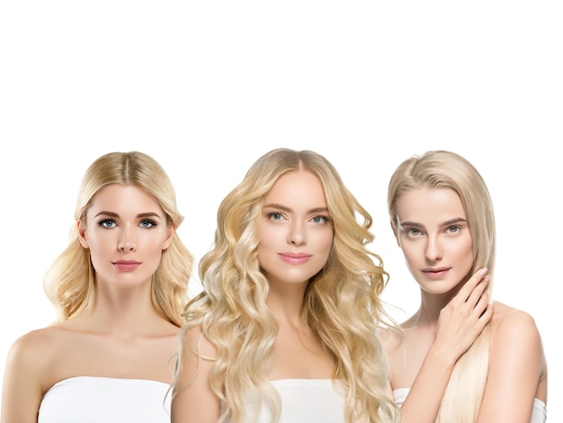 Mooi haar blond glad en krullend vrouwen schoonheid concept vrouw met lang kapsel verschillende kleur en mode geïsoleerd op wit. Studio opname.