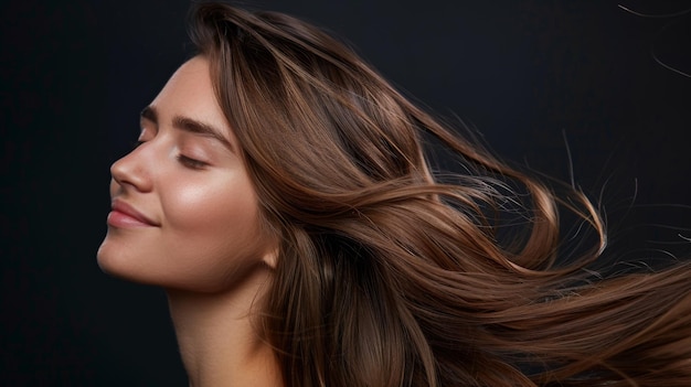 Mooi haar schommelend hoofd van zijde naar zijde Jonge mooie vrouw met lang perfect gezond mooi glanzend haar gelukkig met schoonheidsproducten haar shampoo of conditioner