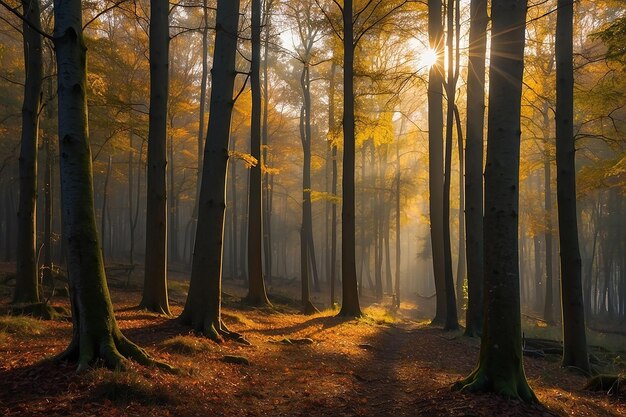 Foto mooi herfstbos in het ochtendlicht.