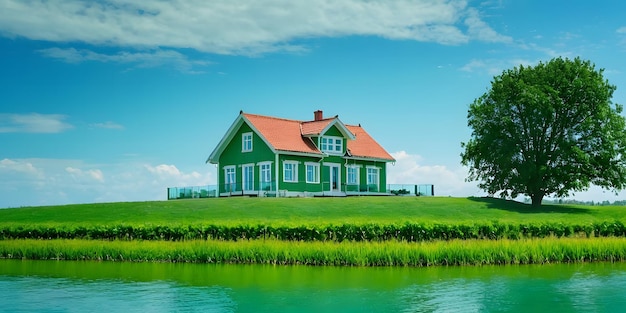 Foto mooi huis aan het meer met groene omgeving ai gegenereerd bovenkant scherm