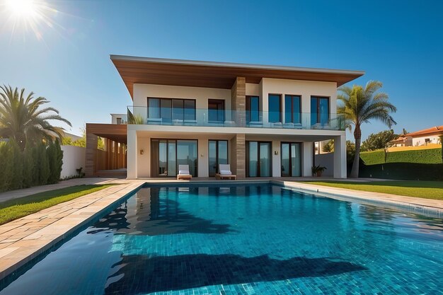 Mooi huis bij het zwembad met helderblauw water met reflecties van de zon.