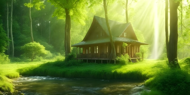 Mooi huis in het midden van het bos groene natuur aan de oever van de rivier zonnestralen op het huis