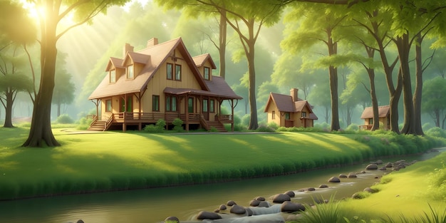 Mooi huis in het midden van het bos groene natuur aan de oever van de rivier zonnestralen op het huis