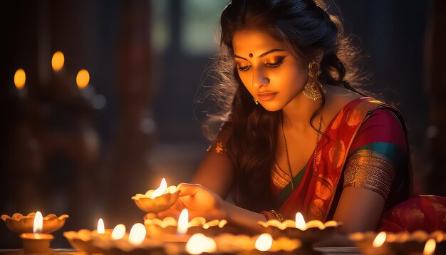 Mooi Indisch meisje bij een kaars tijdens Diwali in India