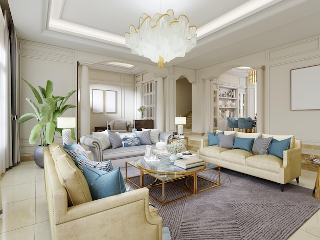 Mooi interieur in beige tinten met gele gestoffeerde meubels en gouden bijzettafels met decor 3D-rendering