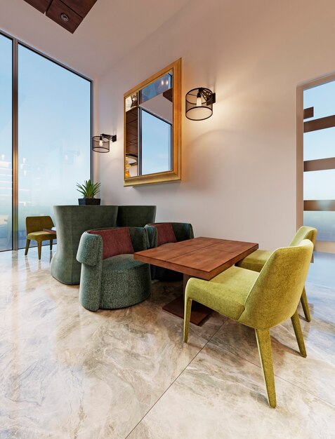 Mooi interieur van modern restaurant met prachtige zachte meubels. 3d-rendering