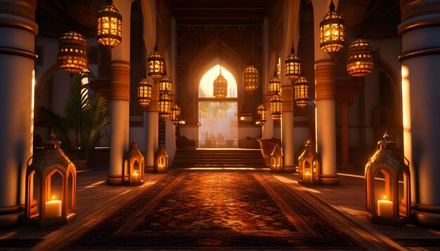 Mooi interieurlicht in de moskee Ramadan Kareem achtergrond 3D-weergave