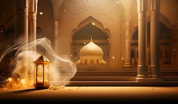 Mooi interieurlicht in de moskee Ramadan Kareem achtergrond 3D-weergave
