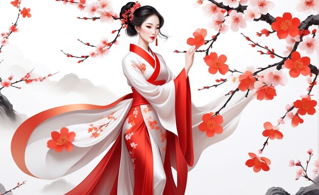 Mooi jong Aziatisch meisje in traditionele kleding op witte achtergrond met kersenbloesem