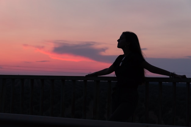 Mooi jong donkerbruin meisje die een weg in het midden van het gebied stellen bij zonsondergang, silhouet