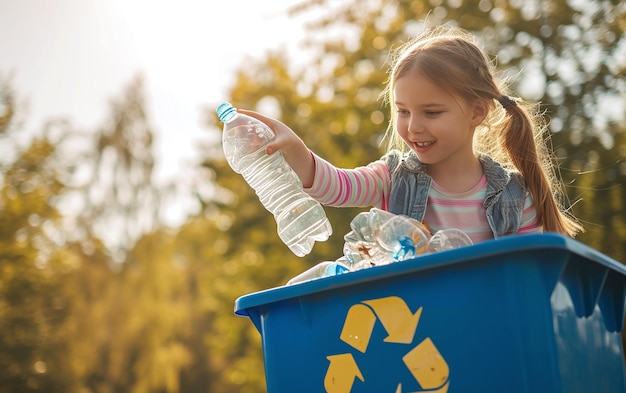 Mooi jong meisje gooit een lege plastic waterfles weg in een vuilnisbak met recycling icoon