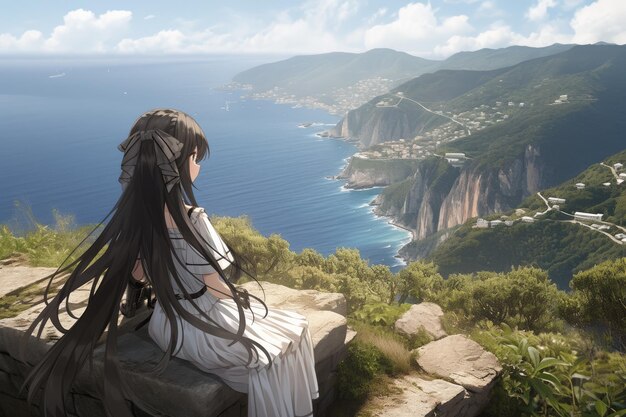 Mooi jong meisje in anime-stijl op een motorlandschap en een prachtig uitzicht op het landschap de vrouw kijkt naar de horizon in anime-stijl