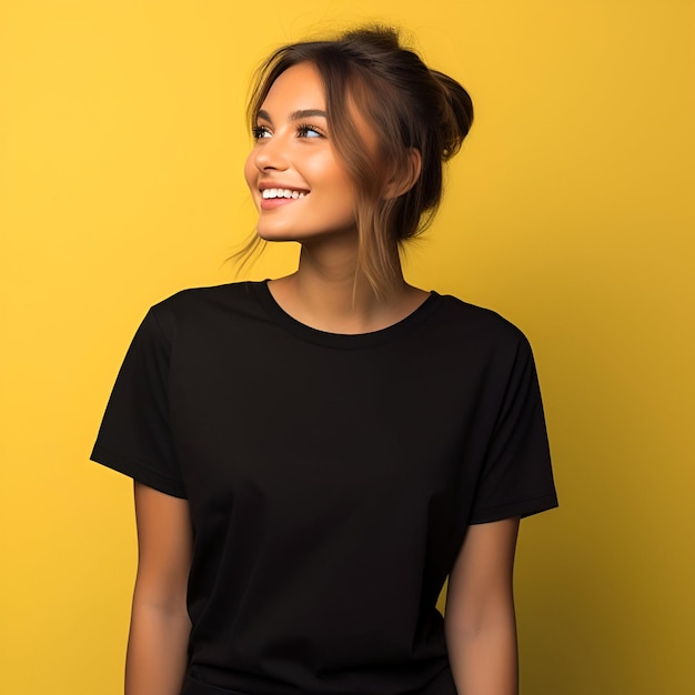 Mooi jong meisje in een zwart T-shirt met een gele achtergrond.