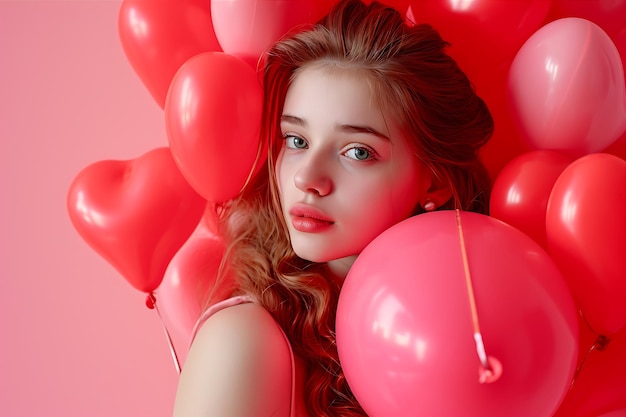 Mooi jong meisje met hart ballonnen op roze