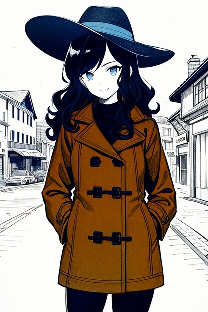 Mooi jong mooi meisje in donkere jas en retro hoed behang achtergrond illustratie