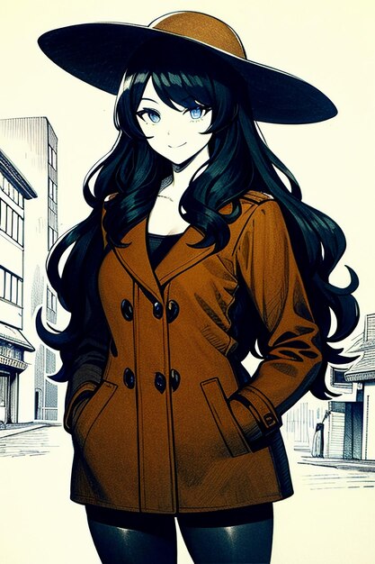 Mooi jong mooi meisje in donkere jas en retro hoed behang achtergrond illustratie