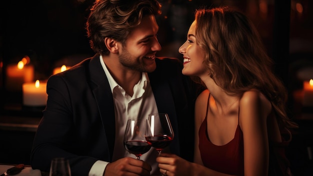 Mooi jong paar met glazen rode wijn in luxerestaurant