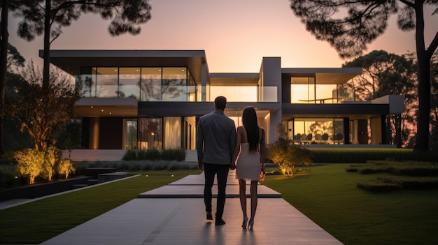 Mooi jong stel buiten huis bij zonsondergang