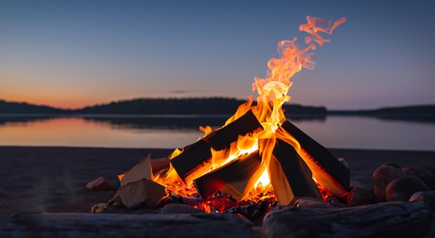 Mooi kampvuur midden op het strand